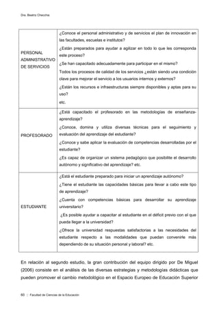 Dra. Beatriz Checchia
60 :: Facultad de Ciencias de la Educación
PERSONAL
ADMINISTRATIVO
DE SERVICIOS
¿Conoce el personal administrativo y de servicios el plan de innovación en
las facultades, escuelas e institutos?
¿Están preparados para ayudar a agilizar en todo lo que les corresponda
este proceso?
¿Se han capacitado adecuadamente para participar en el mismo?
Todos los procesos de calidad de los servicios ¿están siendo una condición
clave para mejorar el servicio a los usuarios internos y externos?
¿Están los recursos e infraestructuras siempre disponibles y aptas para su
uso?
etc.
PROFESORADO
¿Está capacitado el profesorado en las metodologías de enseñanza-
aprendizaje?
¿Conoce, domina y utiliza diversas técnicas para el seguimiento y
evaluación del aprendizaje del estudiante?
¿Conoce y sabe aplicar la evaluación de competencias desarrolladas por el
estudiante?
¿Es capaz de organizar un sistema pedagógico que posibilite el desarrollo
autónomo y significativo del aprendizaje? etc.
ESTUDIANTE
¿Está el estudiante preparado para iniciar un aprendizaje autónomo?
¿Tiene el estudiante las capacidades básicas para llevar a cabo este tipo
de aprendizaje?
¿Cuenta con competencias básicas para desarrollar su aprendizaje
universitario?
¿Es posible ayudar a capacitar al estudiante en el déficit previo con el que
pueda llegar a la universidad?
¿Ofrece la universidad respuestas satisfactorias a las necesidades del
estudiante respecto a las modalidades que puedan convenirle más
dependiendo de su situación personal y laboral? etc.
En relación al segundo estudio, la gran contribución del equipo dirigido por De Miguel
(2006) consiste en el análisis de las diversas estrategias y metodologías didácticas que
pueden promover el cambio metodológico en el Espacio Europeo de Educación Superior
 