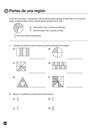 Partes de una región
El número de arriba, o numerador, indica cuántas partes iguales se describen. El número de
abajo, o denominador, indica cuántas partes iguales hay en total.

2
3

Numerador. Hay 2 partes sombreadas.
Denominador. Hay 3 partes en total.

2
del círculo están sombreados.
3

1.

Escribe una fracción para la parte que está sombreada en la región.
a)

c)

d)

e)

2.

b)

f)

Dibuja un modelo para representar cada fracción.
a)

b)

7
9

c)

102

5
15
2
4

d)

10
25

 