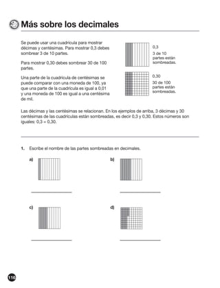 Más sobre los decimales
Se puede usar una cuadrícula para mostrar
décimas y centésimas. Para mostrar 0,3 debes
sombrear 3 de 10 partes.

0,3
3 de 10
partes están
sombreadas.

Para mostrar 0,30 debes sombrear 30 de 100
partes.

0,30

Una parte de la cuadrícula de centésimas se
puede comparar con una moneda de 100, ya
que una parte de la cuadrícula es igual a 0,01
y una moneda de 100 es igual a una centésima
de mil.

30 de 100
SF_RT04_01_22 están
partes
sombreadas.

Las décimas y las centésimas se relacionan. En los ejemplos de arriba, 3 décimas y 30
centésimas de las cuadrículas están sombreadas, es decir SF_RT04_01_23 números son
0,3 y 0,30. Estos
iguales: 0,3 = 0,30.

1.

Escribe el nombre de las partes sombreadas en decimales.
a)

b)

SF_RT04_01_24

c)

d)

SF_PR04_01_15

116

SF_RT04_01_25

SF_PR04_01_17

 