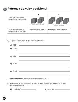 Patrones de valor posicional
A

B

Estas son dos maneras
diferentes de mostrar 1 400
un mil, cuatro un mil, cuatro centenas
centenas

Estas son dos maneras
diferentes de escribir 660:

1.

catorce centenas
catorce centenas

660 seiscientos sesenta

660 sesenta y seis decenas

Expresa cada número de dos maneras diferentes.
a)

700

b)

1 700

c)

300

d)

2 400

e)

7 000

2.

Sentido numérico ¿Cuántas decenas hay en 6 430?

3.

La cafetería tiene 900 bandejas de comida. ¿Cuántas pilas de bandejas habrá si las
bandejas se apilan en:
a)

24

centenas?

b)

decenas?

 