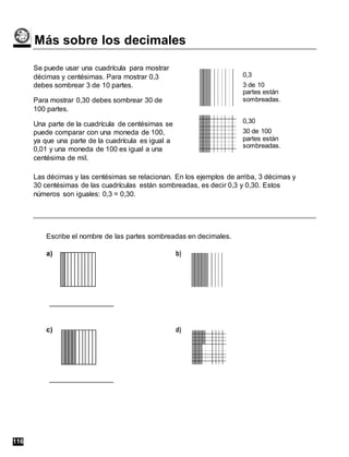 Más sobre los decimales
Se puede usar una cuadrícula para mostrar
décimas y centésimas. Para mostrar 0,3
debes sombrear 3 de 10 partes.
Para mostrar 0,30 debes sombrear 30 de
100 partes.
Una parte de la cuadrícula de centésimas se
puede comparar con una moneda de 100,
ya que una parte de la cuadrícula es igual a
0,01 y una moneda de 100 es igual a una
centésima de mil.
0,3
3 de 10
partes están
sombreadas.
0,30
30 de 100
partes están
sombreadas.
Las décimas y las centésimas se relacionan. En los ejemplos de arriba, 3 décimas y
30 centésimas de las cuadrículas están sombreadas, es decir 0,3 y 0,30. Estos
números son iguales: 0,3 = 0,30.
Escribe el nombre de las partes sombreadas en decimales.
a) b)
c) d)
116
 
