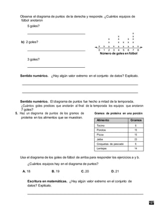 Observa el diagrama de puntos de la derecha y responde. ¿Cuántos equipos de
fútbol anotaron
5 goles?
x
x x
x x x x
b) 2 goles?
x x
x
x
x x x x
x
x x x x x
0 1 2 3 4 5 6 7 8
Número de goles en fútbol
3 goles?
Sentido numérico. ¿Hay algún valor extremo en el conjunto de datos? Explícalo.
Sentido numérico. El diagrama de puntos fue hecho a mitad de la temporada.
¿Cuántos goles predices que anotarán al final de la temporada los equipos que anotaron
7 goles?
5. Haz un diagrama de puntos de los gramos de Gramos de proteína en una porción
proteína en los alimentos que se muestran.
Alimento Gramos
Tocino 6
Porotos 15
Pizza 15
Jaiba 23
Croquetas de pescado 6
Lentejas 14
Usa el diagrama de los goles de fútbol de arriba para responder los ejercicios a y b.
¿Cuántos equipos hay en el diagrama de puntos?
A. 18 B. 19 C. 20 D. 21
Escritura en matemáticas. ¿Hay algún valor extremo en el conjunto de
datos? Explícalo.
127
 