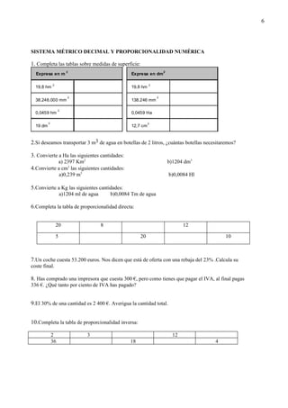 6




SISTEMA MÉTRICO DECIMAL Y PROPORCIONALIDAD NUMÉRICA

1. Completa las tablas sobre medidas de superficie:
                         2                                              2
  Expresa en m                                        Expresa en dm

              2                                                 2
  19,8 hm                                             19,8 hm

                         2                                          2
  38.246.000 mm                                       138.246 mm

                   2
  0,0459 hm                                           0,0459 Ha

          2                                                     2
  19 dm                                               12,7 cm


2.Si deseamos transportar 3 m3 de agua en botellas de 2 litros, ¿cuántas botellas necesitaremos?

3. Convierte a Ha las siguientes cantidades:
            a) 2397 Km2                                                     b)1204 dm3
4.Convierte a cm3 las siguientes cantidades:
             a)0,239 m3                                                     b)0,0084 Hl

5.Convierte a Kg las siguientes cantidades:
                      a)1204 ml de agua       b)0,0084 Tm de agua

6.Completa la tabla de proporcionalidad directa:


                  20                      8                                        12

                  5                                        20                                 10



7.Un coche cuesta 53.200 euros. Nos dicen que está de oferta con una rebaja del 23% .Calcula su
coste final.

8. Has comprado una impresora que cuesta 300 €, pero como tienes que pagar el IVA, al final pagas
336 €. ¿Qué tanto por ciento de IVA has pagado?


9.El 30% de una cantidad es 2 400 €. Averigua la cantidad total.


10.Completa la tabla de proporcionalidad inversa:

              2                   3                                           12
              36                                      18                                  4
 