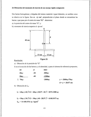26 Obtención del momento de inercia de un cuerpo rígido compuesto
Dos barras homogéneas y delgadas del mismo material e igual diámetro, se sueldan como
se observa en la figura. Sea un eje nn', perpendicular al plano donde se encuentran las
barras y que pasa por el centro de masa "G" . determine:
a).-la posición del centro de masa "G", y
b).-momento de inercia respecto al ejenn'.
o
d
40cm
G0-----'-
15 cm 15 cm
Resolución:
Figura 26
a) Obtención de la posición de "G"
Si a es la sección de las barras y p la densidad, y para el sistema de referencia propuesto,
mi yi miyi
40ap -20 -800ap
30ag -40 -1200ag
¿ 70ap -2000ap
b) Obtención de Inn'
11 = 40ap ( 40 )2
/12 + 40ap ( 28.57- 20 )2
= 8272.1088 ap
h = 30ap ( 30 )2
/12 + 30ap ( 40- 28.57 )2
= 6168.3673 ap
Inn' = 14 440.4761 ap kgcm
2
155
y = -2000ap/70ap
d =y= -28.57 cm
 