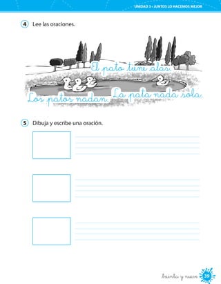 39
UNIDAD 3 • JUNTOS LO HACEMOS MEJOR
_treinta y nueve
4	 Lee las oraciones.
El _pato _tiene _alas.
La _pata nada _sola.Los _patos nadan.
5	 Dibuja y escribe una oración.
	
	
	
 