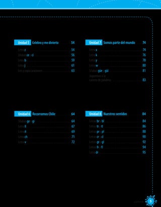 Unidad 5	 Celebro y me divierto  .  .  .  .  .  .  .  .  . 54
Letra z . .  .  .  .  .  .  .  .  .  .  .  .  .  .  .  .  .  .  .  .  .  .  .  .  .  .  .  .  .  .  .  .  . 54
Sílabas ce y ci .  .  .  .  .  .  .  .  .  .  .  .  .  .  .  .  .  .  .  .  .  .  .  .  .  .  .  . 56
Letra b  .  .  .  .  .  .  .  .  .  .  .  .  .  .  .  .  .  .  .  .  .  .  .  .  .  .  .  .  .  .  .  .  . 59
Letra j  . .  .  .  .  .  .  .  .  .  .  .  .  .  .  .  .  .  .  .  .  .  .  .  .  .  .  .  .  .  .  .  .  . 61
Lee y copia oraciones .  .  .  .  .  .  .  .  .  .  .  .  .  .  .  .  .  .  .  .  . 63
Unidad 6	 Recorramos Chile . . . . . . . . . . . . .64
Sílabas ge y gi  .  .  .  .  .  .  .  .  .  .  .  .  .  .  .  .  .  .  .  .  .  .  .  .  .  .  . 64
Letra ll  .  .  .  .  .  .  .  .  .  .  .  .  .  .  .  .  .  .  .  .  .  .  .  .  .  .  .  .  .  .  .  .  . 67
Letra ñ  .  .  .  .  .  .  .  .  .  .  .  .  .  .  .  .  .  .  .  .  .  .  .  .  .  .  .  .  .  .  .  .  . 69
Letra ch  .  .  .  .  .  .  .  .  .  .  .  .  .  .  .  .  .  .  .  .  .  .  .  .  .  .  .  .  .  .  .  . 71
Letra v  .  .  .  .  .  .  .  .  .  .  .  .  .  .  .  .  .  .  .  .  .  .  .  .  .  .  .  .  .  .  .  .  . 72
Unidad 7	 Somos parte del mundo .  .  .  .  . 74
Letra x  .  .  .  .  .  .  .  .  .  .  .  .  .  .  .  .  .  .  .  .  .  .  .  .  .  .  .  .  .  .  .  .  . 74
Letra k  .  .  .  .  .  .  .  .  .  .  .  .  .  .  .  .  .  .  .  .  .  .  .  .  .  .  .  .  .  .  .  .  . 76
Letra y  .  .  .  .  .  .  .  .  .  .  .  .  .  .  .  .  .  .  .  .  .  .  .  .  .  .  .  .  .  .  .  .  . 78
Letra w  . .  .  .  .  .  .  .  .  .  .  .  .  .  .  .  .  .  .  .  .  .  .  .  .  .  .  .  .  .  .  .  . 80
Sílabas güe y güi  . .  .  .  .  .  .  .  .  .  .  .  .  .  .  .  .  .  .  .  .  .  .  .  . 81
Juguemos a la .
carrera de palabras  . .  .  .  .  .  .  .  .  .  .  .  .  .  .  .  .  .  .  .  .  .  . 83
Unidad 8	 Nuestros sentidos . .  .  .  .  .  .  .  .  .  .  . 84
Letras br y bl  .  .  .  .  .  .  .  .  .  .  .  .  .  .  .  .  .  .  .  .  .  .  .  .  .  .  .  . 84
Letras tr y tl  . .  .  .  .  .  .  .  .  .  .  .  .  .  .  .  .  .  .  .  .  .  .  .  .  .  .  .  . 86
Letras pr y pl  .  .  .  .  .  .  .  .  .  .  .  .  .  .  .  .  .  .  .  .  .  .  .  .  .  .  .  . 88
Letras cr y cl  . .  .  .  .  .  .  .  .  .  .  .  .  .  .  .  .  .  .  .  .  .  .  .  .  .  .  .  . 90
Letras gr y gl  .  .  .  .  .  .  .  .  .  .  .  .  .  .  .  .  .  .  .  .  .  .  .  .  .  .  .  . 92
Letras fr y fl  .  .  .  .  .  .  .  .  .  .  .  .  .  .  .  .  .  .  .  .  .  .  .  .  .  .  .  .  . 94
Letra dr  .  .  .  .  .  .  .  .  .  .  .  .  .  .  .  .  .  .  .  .  .  .  .  .  .  .  .  .  .  .  .  . 95
5_cinco
 