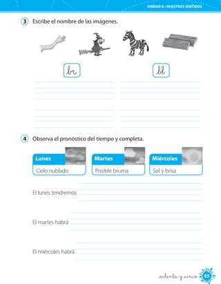 85
UNIDAD 8 • NUESTROS SENTIDOS
_ochenta y _cinco
3	 Escribe el nombre de las imágenes.
	
	
	
	
_bl_br
4	 Observa el pronóstico del tiempo y completa.
Lunes
Cielo nublado
Martes
Posible bruma
Miércoles
Sol y brisa
	El lunes tendremos
	El martes habrá
	El miércoles habrá
 