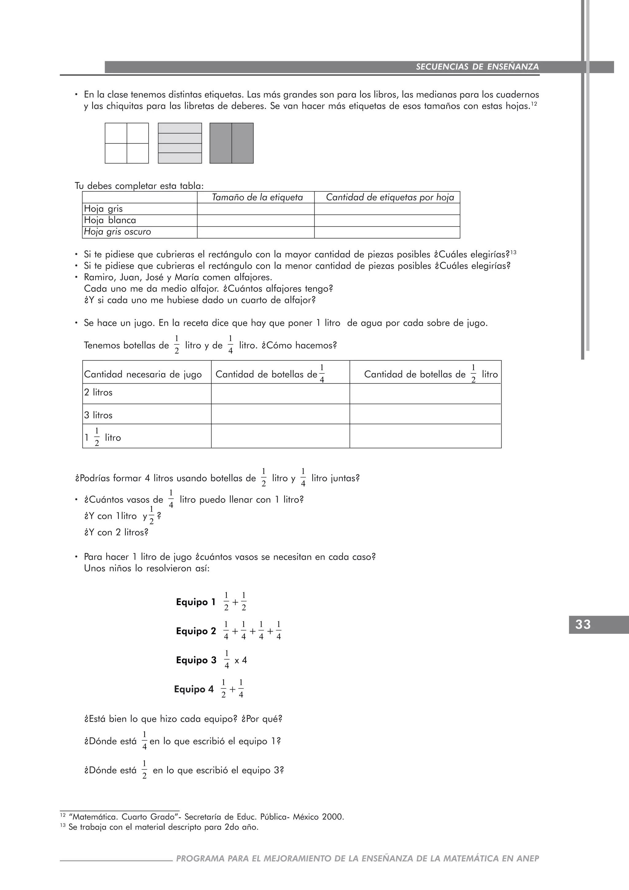 33
PROGRAMA PARA EL MEJORAMIENTO DE LA ENSEÑANZA DE LA MATEMÁTICA EN ANEP
SECUENCIAS DE ENSEÑANZA
····· En la clase tenemos distintas etiquetas. Las más grandes son para los libros, las medianas para los cuadernos
y las chiquitas para las libretas de deberes. Se van hacer más etiquetas de esos tamaños con estas hojas.12
Tu debes completar esta tabla:
Tamaño de la etiqueta Cantidad de etiquetas por hoja
Hoja gris
Hoja blanca
Hoja gris oscuro
····· Si te pidiese que cubrieras el rectángulo con la mayor cantidad de piezas posibles ¿Cuáles elegirías?13
····· Si te pidiese que cubrieras el rectángulo con la menor cantidad de piezas posibles ¿Cuáles elegirías?
····· Ramiro, Juan, José y María comen alfajores.
Cada uno me da medio alfajor. ¿Cuántos alfajores tengo?
¿Y si cada uno me hubiese dado un cuarto de alfajor?
····· Se hace un jugo. En la receta dice que hay que poner 1 litro de agua por cada sobre de jugo.
Tenemos botellas de
1
2
litro y de
1
4
litro. ¿Cómo hacemos?
Cantidad necesaria de jugo Cantidad de botellas de
1
4
Cantidad de botellas de
1
2
litro
2 litros
3 litros
1
1
2
litro
¿Podrías formar 4 litros usando botellas de
1
2
litro y
1
4
litro juntas?
····· ¿Cuántos vasos de
1
4
litro puedo llenar con 1 litro?
¿Y con 1litro y
1
2
?
¿Y con 2 litros?
····· Para hacer 1 litro de jugo ¿cuántos vasos se necesitan en cada caso?
Unos niños lo resolvieron así:
Equipo 1
1
2
+
1
2
Equipo 2
1
4
+
1
4
+
1
4
+
1
4
Equipo 3
1
4
x 4
Equipo 4
1
2
+
1
4
¿Está bien lo que hizo cada equipo? ¿Por qué?
¿Dónde está
1
4
en lo que escribió el equipo 1?
¿Dónde está
1
2
en lo que escribió el equipo 3?
12
“Matemática. Cuarto Grado”- Secretaría de Educ. Pública- México 2000.
13
Se trabaja con el material descripto para 2do año.
 
