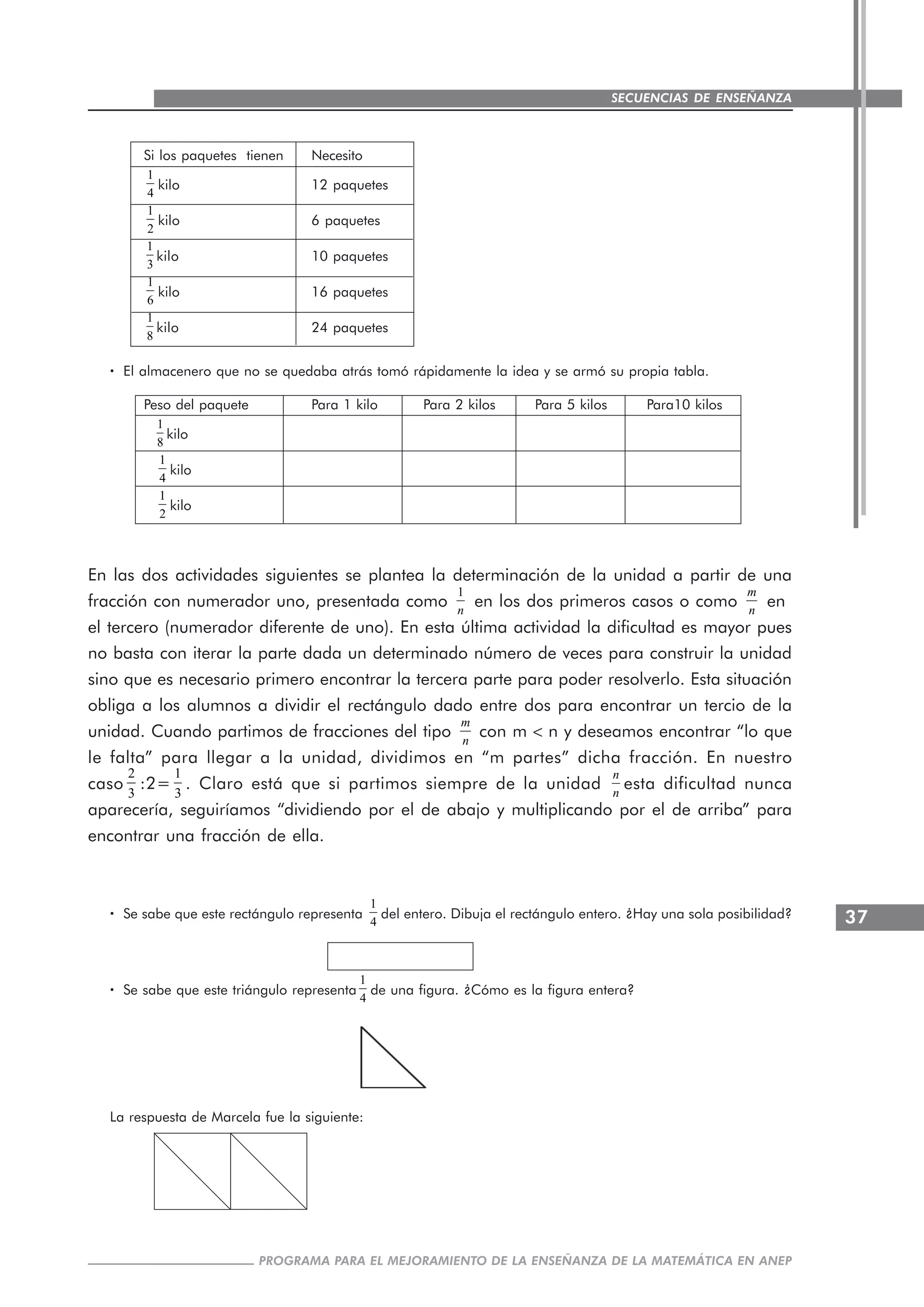 37
PROGRAMA PARA EL MEJORAMIENTO DE LA ENSEÑANZA DE LA MATEMÁTICA EN ANEP
SECUENCIAS DE ENSEÑANZA
Si los paquetes tienen Necesito
1
4
kilo 12 paquetes
1
2
kilo 6 paquetes
1
3
kilo 10 paquetes
1
6
kilo 16 paquetes
1
8
kilo 24 paquetes
····· El almacenero que no se quedaba atrás tomó rápidamente la idea y se armó su propia tabla.
Peso del paquete Para 1 kilo Para 2 kilos Para 5 kilos Para10 kilos
1
8
kilo
1
4
kilo
1
2
kilo
En las dos actividades siguientes se plantea la determinación de la unidad a partir de una
fracción con numerador uno, presentada como
1
n
en los dos primeros casos o como
m
n
en
el tercero (numerador diferente de uno). En esta última actividad la dificultad es mayor pues
no basta con iterar la parte dada un determinado número de veces para construir la unidad
sino que es necesario primero encontrar la tercera parte para poder resolverlo. Esta situación
obliga a los alumnos a dividir el rectángulo dado entre dos para encontrar un tercio de la
unidad. Cuando partimos de fracciones del tipo
m
n
con m < n y deseamos encontrar “lo que
le falta” para llegar a la unidad, dividimos en “m partes” dicha fracción. En nuestro
caso
2
3
:2=
1
3
. Claro está que si partimos siempre de la unidad
n
n
esta dificultad nunca
aparecería, seguiríamos “dividiendo por el de abajo y multiplicando por el de arriba” para
encontrar una fracción de ella.
····· Se sabe que este rectángulo representa
1
4
del entero. Dibuja el rectángulo entero. ¿Hay una sola posibilidad?
····· Se sabe que este triángulo representa
1
4
de una figura. ¿Cómo es la figura entera?
La respuesta de Marcela fue la siguiente:
 