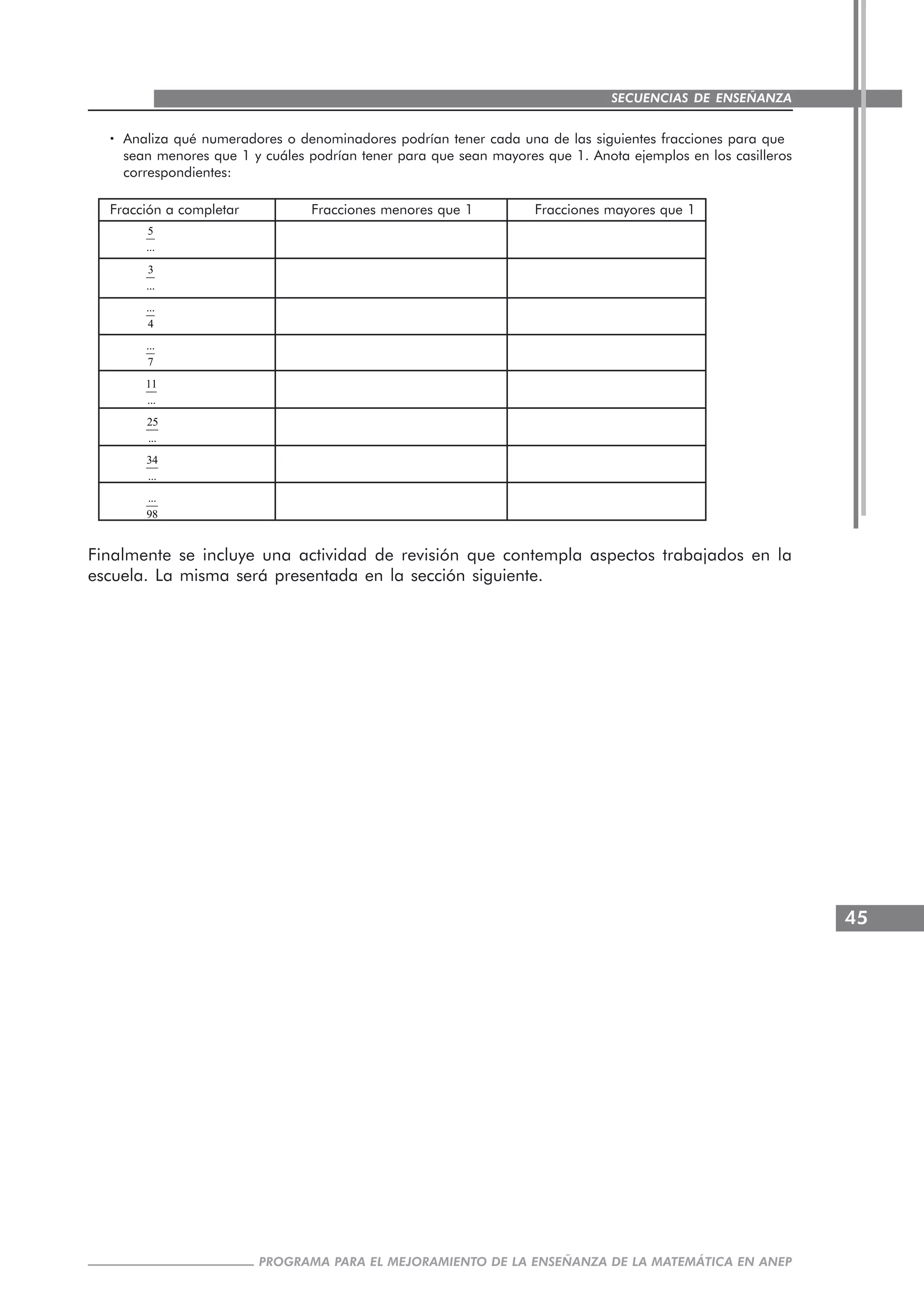 45
PROGRAMA PARA EL MEJORAMIENTO DE LA ENSEÑANZA DE LA MATEMÁTICA EN ANEP
SECUENCIAS DE ENSEÑANZA
····· Analiza qué numeradores o denominadores podrían tener cada una de las siguientes fracciones para que
sean menores que 1 y cuáles podrían tener para que sean mayores que 1. Anota ejemplos en los casilleros
correspondientes:
Fracción a completar Fracciones menores que 1 Fracciones mayores que 1
5
...
3
...
...
4
...
7
11
...
25
...
34
...
...
98
Finalmente se incluye una actividad de revisión que contempla aspectos trabajados en la
escuela. La misma será presentada en la sección siguiente.
 