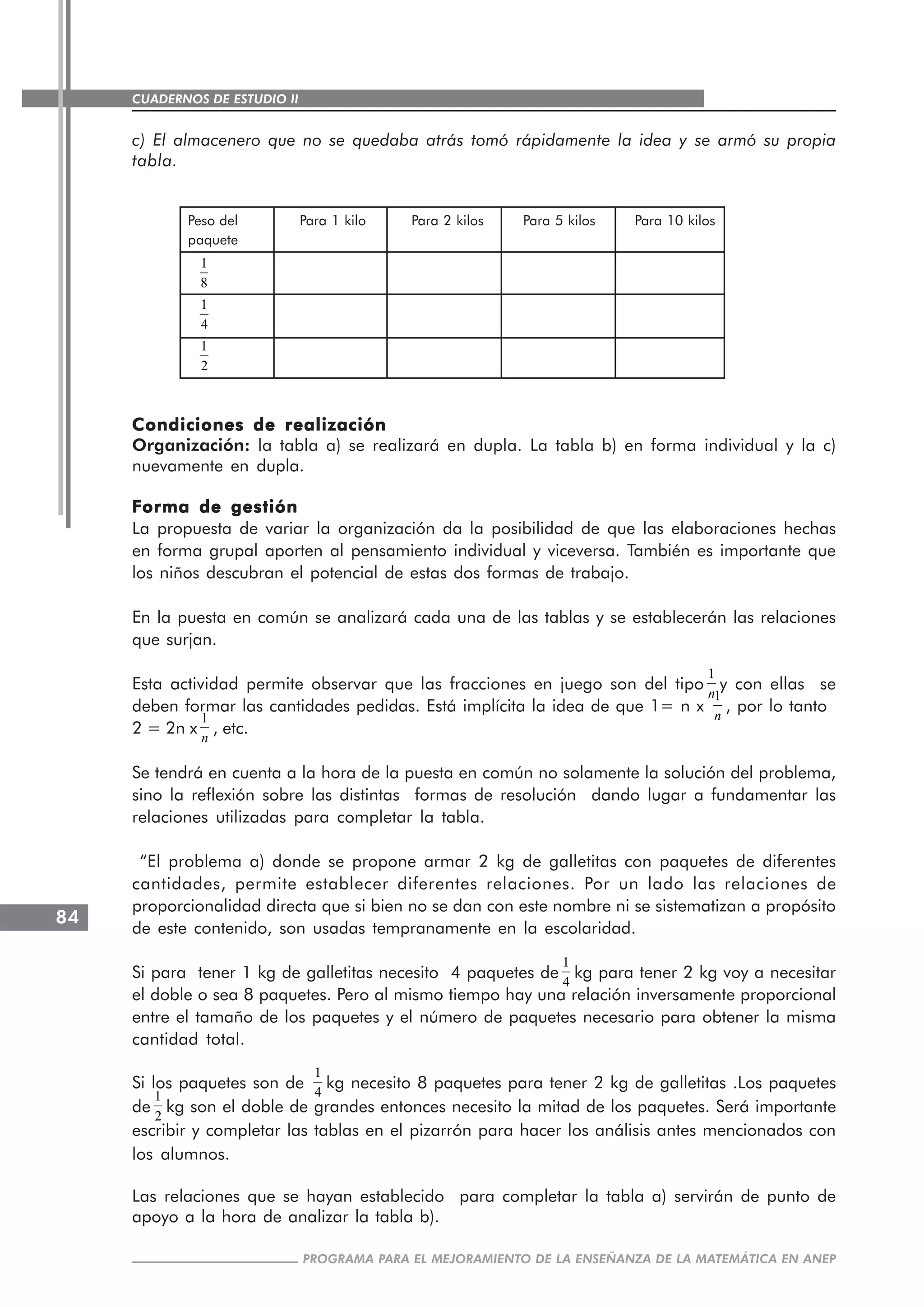 CUADERNOS DE ESTUDIO II
CUADERNOS DE ESTUDIO84
PROGRAMA PARA EL MEJORAMIENTO DE LA ENSEÑANZA DE LA MATEMÁTICA EN ANEP
c) El almacenero que no se quedaba atrás tomó rápidamente la idea y se armó su propia
tabla.
Peso del Para 1 kilo Para 2 kilos Para 5 kilos Para 10 kilos
paquete
1
8
1
4
1
2
Condiciones de realizaciónCondiciones de realizaciónCondiciones de realizaciónCondiciones de realizaciónCondiciones de realización
Organización: la tabla a) se realizará en dupla. La tabla b) en forma individual y la c)
nuevamente en dupla.
Forma de gestiónForma de gestiónForma de gestiónForma de gestiónForma de gestión
La propuesta de variar la organización da la posibilidad de que las elaboraciones hechas
en forma grupal aporten al pensamiento individual y viceversa. También es importante que
los niños descubran el potencial de estas dos formas de trabajo.
En la puesta en común se analizará cada una de las tablas y se establecerán las relaciones
que surjan.
Esta actividad permite observar que las fracciones en juego son del tipo
1
n
y con ellas se
deben formar las cantidades pedidas. Está implícita la idea de que 1= n x
1
n
, por lo tanto
2 = 2n x
1
n
, etc.
Se tendrá en cuenta a la hora de la puesta en común no solamente la solución del problema,
sino la reflexión sobre las distintas formas de resolución dando lugar a fundamentar las
relaciones utilizadas para completar la tabla.
“El problema a) donde se propone armar 2 kg de galletitas con paquetes de diferentes
cantidades, permite establecer diferentes relaciones. Por un lado las relaciones de
proporcionalidad directa que si bien no se dan con este nombre ni se sistematizan a propósito
de este contenido, son usadas tempranamente en la escolaridad.
Si para tener 1 kg de galletitas necesito 4 paquetes de
1
4
kg para tener 2 kg voy a necesitar
el doble o sea 8 paquetes. Pero al mismo tiempo hay una relación inversamente proporcional
entre el tamaño de los paquetes y el número de paquetes necesario para obtener la misma
cantidad total.
Si los paquetes son de
1
4
kg necesito 8 paquetes para tener 2 kg de galletitas .Los paquetes
de
1
2
kg son el doble de grandes entonces necesito la mitad de los paquetes. Será importante
escribir y completar las tablas en el pizarrón para hacer los análisis antes mencionados con
los alumnos.
Las relaciones que se hayan establecido para completar la tabla a) servirán de punto de
apoyo a la hora de analizar la tabla b).
 