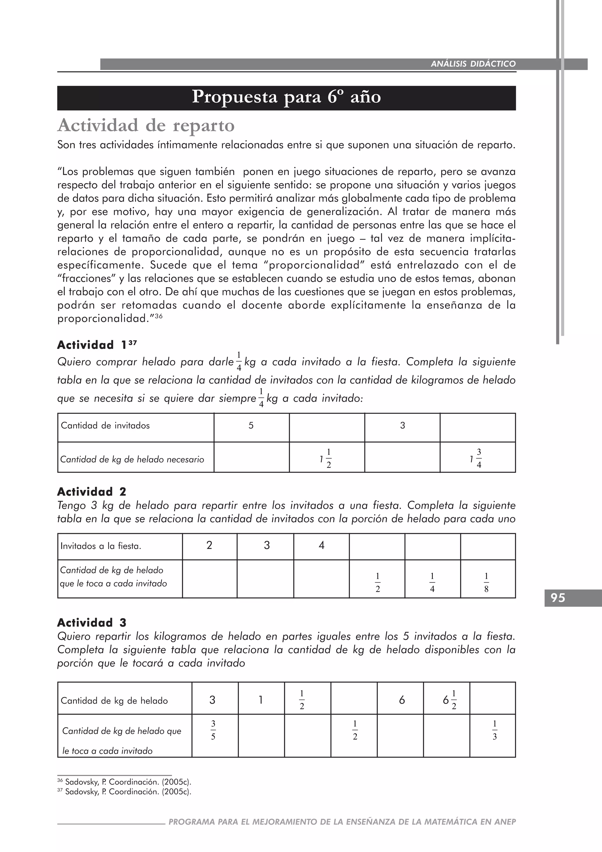 95
PROGRAMA PARA EL MEJORAMIENTO DE LA ENSEÑANZA DE LA MATEMÁTICA EN ANEP
ANÁLISIS DIDÁCTICO
Propuesta para 6º año
Actividad de reparto
Son tres actividades íntimamente relacionadas entre si que suponen una situación de reparto.
“Los problemas que siguen también ponen en juego situaciones de reparto, pero se avanza
respecto del trabajo anterior en el siguiente sentido: se propone una situación y varios juegos
de datos para dicha situación. Esto permitirá analizar más globalmente cada tipo de problema
y, por ese motivo, hay una mayor exigencia de generalización. Al tratar de manera más
general la relación entre el entero a repartir, la cantidad de personas entre las que se hace el
reparto y el tamaño de cada parte, se pondrán en juego – tal vez de manera implícita-
relaciones de proporcionalidad, aunque no es un propósito de esta secuencia tratarlas
específicamente. Sucede que el tema “proporcionalidad” está entrelazado con el de
“fracciones” y las relaciones que se establecen cuando se estudia uno de estos temas, abonan
el trabajo con el otro. De ahí que muchas de las cuestiones que se juegan en estos problemas,
podrán ser retomadas cuando el docente aborde explícitamente la enseñanza de la
proporcionalidad.”36
Actividad 1Actividad 1Actividad 1Actividad 1Actividad 13737373737
Quiero comprar helado para darle
1
4
kg a cada invitado a la fiesta. Completa la siguiente
tabla en la que se relaciona la cantidad de invitados con la cantidad de kilogramos de helado
que se necesita si se quiere dar siempre
1
4
kg a cada invitado:
Cantidad de invitados 5 3
Cantidad de kg de helado necesario 1
1
2
1
3
4
Actividad 2Actividad 2Actividad 2Actividad 2Actividad 2
Tengo 3 kg de helado para repartir entre los invitados a una fiesta. Completa la siguiente
tabla en la que se relaciona la cantidad de invitados con la porción de helado para cada uno
Invitados a la fiesta. 2 3 4
Cantidad de kg de helado
que le toca a cada invitado
1
2
1
4
1
8
Actividad 3Actividad 3Actividad 3Actividad 3Actividad 3
Quiero repartir los kilogramos de helado en partes iguales entre los 5 invitados a la fiesta.
Completa la siguiente tabla que relaciona la cantidad de kg de helado disponibles con la
porción que le tocará a cada invitado
Cantidad de kg de helado 3 1
1
2
6 6
1
2
Cantidad de kg de helado que
3
5
1
2
1
3
le toca a cada invitado
36
Sadovsky, P. Coordinación. (2005c).
37
Sadovsky, P. Coordinación. (2005c).
 