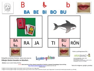 B b b
BA
ba JA
Resto de imágenes: google y pixabay
AUTOR: María José de Luis Flores. Maestra especialista en Audición y Lenguaje-Psicopedagoga. Autora del blog
http://lapsico-goloteca.blogspot.com.es LICENCIA CC (BY-NC-SA)
MADRID 2018
RA
BU
buTI RÓN
BA BE BI BO BU
Si alguien reconoce alguna imagen como propia y quiere mención que me lo haga saber.
Si alguien reconoce alguna imagen como propia y quiere que se retire al estar sujeta a derechos de autor, que lo haga saber a la autora del material para proceder a su retirada..
 