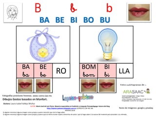 B b b
BA
ba RO
Resto de imágenes: google y pixabay
AUTOR: María José de Luis Flores. Maestra especialista en Audición y Lenguaje-Psicopedagoga. Autora del blog
http://lapsico-goloteca.blogspot.com.es LICENCIA CC (BY-NC-SA)
MADRID 2018
BOM
bom LLA
BA BE BI BO BU
Si alguien reconoce alguna imagen como propia y quiere mención que me lo haga saber.
Si alguien reconoce alguna imagen como propia y quiere que se retire al estar sujeta a derechos de autor, que lo haga saber a la autora del material para proceder a su retirada..
BE
be
BI
bi
 