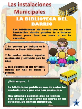 4 
¿Sabias que…? 
La bibliotecas publicas son de todos los ciudadanos, y por eso son gratuitas. 
Hay algunos pueblos que no tienen bibliotecas y les llevan los libros en un autobús. Se llaman Bibliobús. LA BIBLIOTECA DEL BARRIOLasbibliotecasdebarriosonunsitiofantásticodondepuedesirabuscarlibrosparaleerencasaoenlaescuela. 
. 
Laspersonasquetrabajanenlabibliotecasellamanbibliotecarias. 
Enmuchasocasionesorganizancuentacuentosyactividadesparalosniños. 
Enlabibliotecanosolohaylibros, tambiénhayCD´sdemúsicaypelículas.  