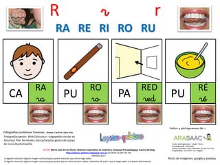R r r
PA
RA
ra
RO
ro
RED
red
RÉ
réPU
Resto de imágenes: google y pixabay
AUTOR: María José de Luis Flores. Maestra especialista en Audición y Lenguaje-Psicopedagoga. Autora del blog
http://lapsico-goloteca.blogspot.com.es LICENCIA CC (BY-NC-SA)
MADRID 2017
RA RE RI RO RU
CA PU
Si alguien reconoce alguna imagen como propia y quiere mención que me lo haga saber.
Si alguien reconoce alguna imagen como propia y quiere que se retire al estar sujeta a derechos de autor, que lo haga saber a la autora del material.
Fotografías gestos: Web Educastur –Logopedia escolar en
Asturias/ Pilar Fernández García/tarjetas gestos de apoyo
de Irene Ocaña Castillo
 