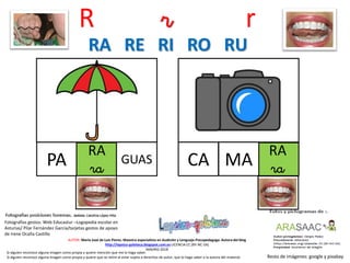 R r r
RA
raPA
Resto de imágenes: google y pixabay
AUTOR: María José de Luis Flores. Maestra especialista en Audición y Lenguaje-Psicopedagoga. Autora del blog
http://lapsico-goloteca.blogspot.com.es LICENCIA CC (BY-NC-SA)
MADRID 2018
GUAS
RA
raCA MA
RA RE RI RO RU
Si alguien reconoce alguna imagen como propia y quiere mención que me lo haga saber.
Si alguien reconoce alguna imagen como propia y quiere que se retire al estar sujeta a derechos de autor, que lo haga saber a la autora del material.
Fotografías gestos: Web Educastur –Logopedia escolar en
Asturias/ Pilar Fernández García/tarjetas gestos de apoyo
de Irene Ocaña Castillo
 