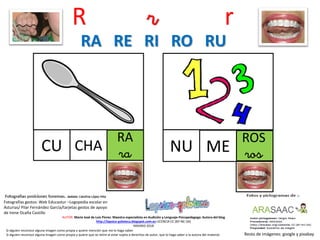 R r r
RA
raCU
Resto de imágenes: google y pixabay
AUTOR: María José de Luis Flores. Maestra especialista en Audición y Lenguaje-Psicopedagoga. Autora del blog
http://lapsico-goloteca.blogspot.com.es LICENCIA CC (BY-NC-SA)
MADRID 2018
CHA
ROS
rosNU ME
RA RE RI RO RU
Si alguien reconoce alguna imagen como propia y quiere mención que me lo haga saber.
Si alguien reconoce alguna imagen como propia y quiere que se retire al estar sujeta a derechos de autor, que lo haga saber a la autora del material.
Fotografías gestos: Web Educastur –Logopedia escolar en
Asturias/ Pilar Fernández García/tarjetas gestos de apoyo
de Irene Ocaña Castillo
 