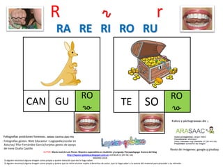 R r r
RO
roCAN
Resto de imágenes: google y pixabay
AUTOR: María José de Luis Flores. Maestra especialista en Audición y Lenguaje-Psicopedagoga. Autora del blog
http://lapsico-goloteca.blogspot.com.es LICENCIA CC (BY-NC-SA)
MADRID 2018
GU
RO
roTE SO
RA RE RI RO RU
Si alguien reconoce alguna imagen como propia y quiere mención que me lo haga saber.
Si alguien reconoce alguna imagen como propia y quiere que se retire al estar sujeta a derechos de autor, que lo haga saber a la autora del material para proceder a su retirada.. .
Fotografías gestos: Web Educastur –Logopedia escolar en
Asturias/ Pilar Fernández García/tarjetas gestos de apoyo
de Irene Ocaña Castillo
 