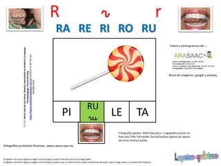 R r r
RU
ruPI
Resto de imágenes: google y pixabay
AUTOR:MaríaJosédeLuisFlores.MaestraespecialistaenAudiciónyLenguaje-
Psicopedagoga.Autoradelblog
http://lapsico-goloteca.blogspot.com.esLICENCIACC(BY-NC-SA)
MADRID2018
LE
RA RE RI RO RU
TA
Si alguien reconoce alguna imagen como propia y quiere mención que me lo haga saber.
Si alguien reconoce alguna imagen como propia y quiere que se retire al estar sujeta a derechos de autor, que lo haga saber a la autora del material.
Fotografías gestos: Web Educastur –Logopedia escolar en
Asturias/ Pilar Fernández García/tarjetas gestos de apoyo
de Irene Ocaña Castillo
 