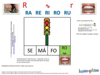 R r r
RO
roSE
Resto de imágenes: google y pixabay
MÁ
RA RE RI RO RU
FO
AUTOR:MaríaJosédeLuisFlores.MaestraespecialistaenAudiciónyLenguaje-
Psicopedagoga.Autoradelblog
http://lapsico-goloteca.blogspot.com.esLICENCIACC(BY-NC-SA)
MADRID2018
Si alguien reconoce alguna imagen como propia y quiere mención que me lo haga saber.
Si alguien reconoce alguna imagen como propia y quiere que se retire al estar sujeta a derechos de autor, que lo haga saber a la autora del material.
Fotografías gestos: Web Educastur –Logopedia escolar en
Asturias/ Pilar Fernández García/tarjetas gestos de apoyo
de Irene Ocaña Castillo
 