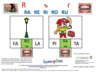 R r r
RO
roFA
Resto de imágenes: google y pixabay
AUTOR: María José de Luis Flores. Maestra especialista en Audición y Lenguaje-Psicopedagoga. Autora del blog
http://lapsico-goloteca.blogspot.com.es LICENCIA CC (BY-NC-SA)
MADRID 2018
LA
RA
raPI TA
RA RE RI RO RU
Si alguien reconoce alguna imagen como propia y quiere mención que me lo haga saber.
Si alguien reconoce alguna imagen como propia y quiere que se retire al estar sujeta a derechos de autor, que lo haga saber a la autora del material para proceder a su retirada..
Fotografías gestos: Web Educastur –Logopedia escolar en
Asturias/ Pilar Fernández García/tarjetas gestos de apoyo
de Irene Ocaña Castillo
 