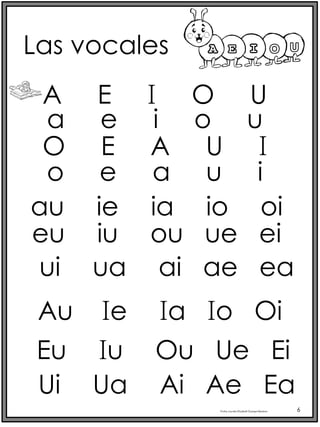 A E I O U
Las vocales
Profra.LourdesElizabethOcampoMartínez 6
a e i o u
O E A U I
o e a u i
au ie ia io oi
eu iu ou ue ei
ui ua ai ae ea
Au Ie Ia Io Oi
Eu Iu Ou Ue Ei
Ui Ua Ai Ae Ea
 