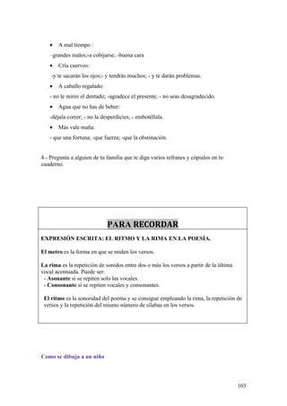 •   A mal tiempo :
   –grandes males;-a cobijarse; -buena cara
   •   Cría cuervos:
    -y te sacarán los ojos;- y tendrás muchos; - y te darán problemas.
   •   A caballo regalado:
   - no le mires el dentado; -agradece el presente; - no seas desagradecido.
   •   Agua que no has de beber:
   -déjala correr; - no la desperdicies; - embotéllala.
   •   Más vale maña:
   - que una fortuna; -que fuerza; -que la obstinación.


4.- Pregunta a alguien de tu familia que te diga varios refranes y cópialos en tu
cuaderno.




                             PARA RECORDAR
EXPRESIÓN ESCRITA: EL RITMO Y LA RIMA EN LA POESÍA.

El metro es la forma en que se miden los versos.

La rima es la repetición de sonidos entre dos o más los versos a partir de la última
vocal acentuada. Puede ser:
 - Asonante si se repiten solo las vocales.
 - Consonante si se repiten vocales y consonantes.

 El ritmo es la sonoridad del poema y se consigue empleando la rima, la repetición de
 versos y la repetición del mismo número de sílabas en los versos.




Como se dibuja a un niño




                                                                                       103
 