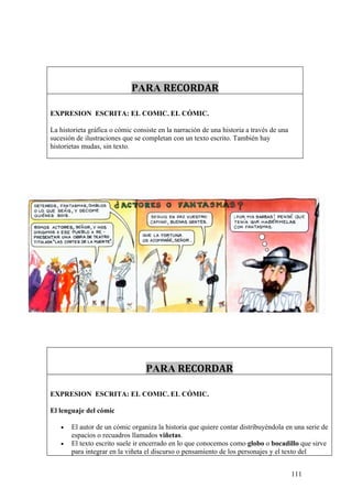 PARA RECORDAR

EXPRESION ESCRITA: EL COMIC. EL CÓMIC.

La historieta gráfica o cómic consiste en la narración de una historia a través de una
sucesión de ilustraciones que se completan con un texto escrito. También hay
historietas mudas, sin texto.




                                  PARA RECORDAR

EXPRESION ESCRITA: EL COMIC. EL CÓMIC.

El lenguaje del cómic

   •   El autor de un cómic organiza la historia que quiere contar distribuyéndola en una serie de
       espacios o recuadros llamados viñetas.
   •   El texto escrito suele ir encerrado en lo que conocemos como globo o bocadillo que sirve
       para integrar en la viñeta el discurso o pensamiento de los personajes y el texto del


                                                                                         111
 