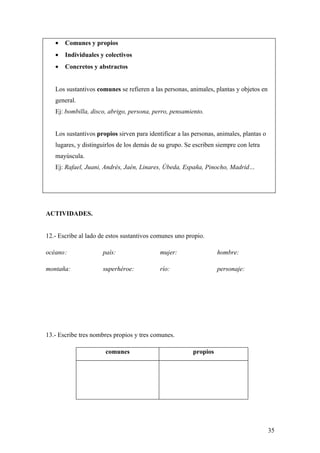 •   Comunes y propios
   •   Individuales y colectivos
   •   Concretos y abstractos


   Los sustantivos comunes se refieren a las personas, animales, plantas y objetos en
   general.
   Ej: bombilla, disco, abrigo, persona, perro, pensamiento.


   Los sustantivos propios sirven para identificar a las personas, animales, plantas o
   lugares, y distinguirlos de los demás de su grupo. Se escriben siempre con letra
   mayúscula.
   Ej: Rafael, Juani, Andrés, Jaén, Linares, Úbeda, España, Pinocho, Madrid…




ACTIVIDADES.


12.- Escribe al lado de estos sustantivos comunes uno propio.

océano:              país:                  mujer:                 hombre:

montaña:             superhéroe:            río:                   personaje:




13.- Escribe tres nombres propios y tres comunes.

                      comunes                            propios




                                                                                         35
 