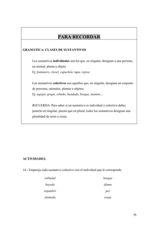 PARA RECORDAR

GRAMÁTICA: CLASES DE SUSTANTIVOS


       Los sustantivos individuales son los que, en singular, designan a una persona,
       un animal, planta u objeto.
       Ej: fontanero, clavel, capuchón, tapa, repisa


       Los sustantivos colectivos son aquellos que, en singular, designan un conjunto
       de personas, animales, plantas u objetos.
       Ej: equipo, grupo, rebaño, bandada, bosque, montón…


       RECUERDA: Para saber si un sustantivo es individual o colectivo debes
       ponerlo en singular, puesto que en plural, todos los sustantivos designan una
       pluralidad de seres o cosas.




ACTIVIDADES.


14.- Empareja cada sustantivo colectivo con el individual que le corresponde.

                robledal                                      bosque
                 hayedo                                        álamo
                enjambre                                        pez
                alameda                                        oveja




                                                                                        36
 
