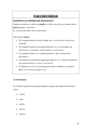 PARA RECORDAR
GRAMÁTICA: EL NÚMERO DEL SUSTANTIVO.
Cuando un sustantivo se utiliza en singular, se refiere a un solo ser, y cuando está en
plural designa a varios seres.
Ej: niño (un solo niño), niños (varios niños)


Para formar el plural:
   •      Si el singular termina en vocal, se añade una –s: perro/perros, mesa/mesas,
          silla/sillas.
   •      Si el singular termina en consonante distinta de –s o –x, se le añade –es:
          ratón/ratones, reloj/relojes, tambor/tambores, canal/canales.
   •      Si el singular termina en –z, el plural termina en –ces: perdiz/perdices,
          lápiz/lápices.
   •      Los nombres con acentuación aguda que acaban en –s o –x forman el plural en
          -es: autobús/autobuses, tos/toses, mies/mieses.
   •      Si acaban en –s, o en –x y la acentuación es llana o esdrújula, no varían en
          plural: virus, martes, paraguas, tesis…




ACTIVIDADES.


18.- Escribe el plural de las siguientes palabras y explica qué regla de las anteriores
siguen.

    •     compás:

    •     rapaz:

    •     temblor:

    •     análisis:

    •     régimen:




                                                                                          52
 