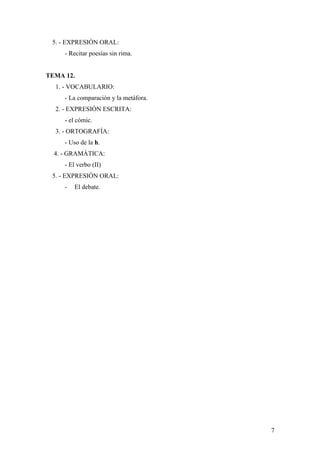 5. - EXPRESIÓN ORAL:
     - Recitar poesías sin rima.


TEMA 12.
  1. - VOCABULARIO:
     - La comparación y la metáfora.
  2. - EXPRESIÓN ESCRITA:
     - el cómic.
  3. - ORTOGRAFÍA:
     - Uso de la h.
  4. - GRAMÁTICA:
     - El verbo (II)
 5. - EXPRESIÓN ORAL:
     -   El debate.




                                       7
 