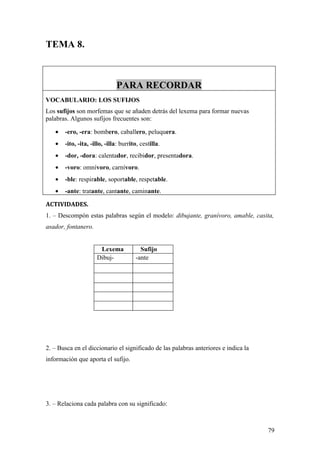 TEMA 8.



                              PARA RECORDAR
VOCABULARIO: LOS SUFIJOS
Los sufijos son morfemas que se añaden detrás del lexema para formar nuevas
palabras. Algunos sufijos frecuentes son:

   •   -ero, -era: bombero, caballero, peluquera.
   •   -ito, -ita, -illo, -illa: burrito, cestilla.
   •   -dor, -dora: calentador, recibidor, presentadora.
   •   -voro: omnívoro, carnívoro.
   •   -ble: respirable, soportable, respetable.
   •   -ante: tratante, cantante, caminante.

ACTIVIDADES.
1. – Descompón estas palabras según el modelo: dibujante, granívoro, amable, casita,
asador, fontanero.


                      Lexema             Sufijo
                     Dibuj-            -ante




2. – Busca en el diccionario el significado de las palabras anteriores e indica la
información que aporta el sufijo.




3. – Relaciona cada palabra con su significado:



                                                                                     79
 