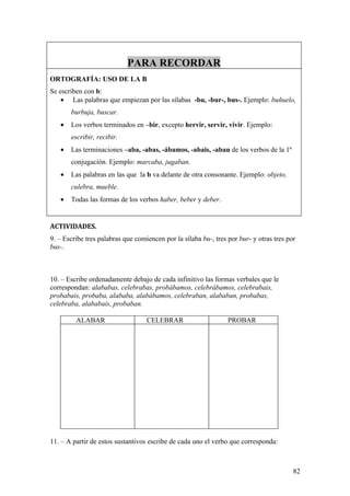 PARA RECORDAR
ORTOGRAFÍA: USO DE LA B
Se escriben con b:
    • Las palabras que empiezan por las sílabas -bu, -bur-, bus-. Ejemplo: buñuelo,
       burbuja, buscar.
   •   Los verbos terminados en –bir, excepto hervir, servir, vivir. Ejemplo:
       escribir, recibir.
   •   Las terminaciones –aba, -abas, -ábamos, -abais, -aban de los verbos de la 1ª
       conjugación. Ejemplo: marcaba, jugaban.
   •   Las palabras en las que la b va delante de otra consonante. Ejemplo: objeto,
       culebra, mueble.
   •   Todas las formas de los verbos haber, beber y deber.


ACTIVIDADES.
9. – Escribe tres palabras que comiencen por la sílaba bu-, tres por bur- y otras tres por
bus-.



10. – Escribe ordenadamente debajo de cada infinitivo las formas verbales que le
correspondan: alababas, celebrabas, probábamos, celebrábamos, celebrabais,
probabais, probaba, alababa, alabábamos, celebraban, alababan, probabas,
celebraba, alababais, probaban.

         ALABAR                    CELEBRAR                      PROBAR




11. – A partir de estos sustantivos escribe de cada uno el verbo que corresponda:



                                                                                         82
 