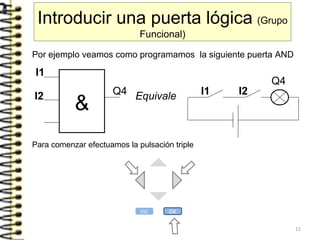 Introducir una puerta lógica (Grupo
Funcional)
Por ejemplo veamos como programamos la siguiente puerta AND
Q4I2
I1
&
Equivale
Q4
I2I1
Para comenzar efectuamos la pulsación triple
ESC OK
11
 