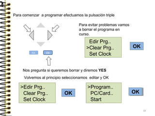 Para comenzar a programar efectuamos la pulsación triple
OK
OK
Nos pregunta si queremos borrar y diremos YES
Edir Prg..
>Clear Prg..
Set Clock
Para evitar problemas vamos
a borrar el programa en
curso.
Volvemos al principio seleccionamos editar y OK
>Edir Prg..
Clear Prg..
Set Clock
>Program..
PC/Card..
Start
OKOK
ESC OK
18
 