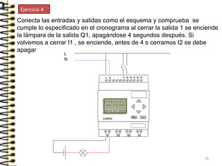 Conecta las entradas y salidas como el esquema y comprueba se
cumple lo especificado en el cronograma al cerrar la salida 1 se enciende
la lámpara de la salida Q1, apagándose 4 segundos después. Si
volvemos a cerrar I1 , se enciende, antes de 4 s cerramos I2 se debe
apagar
L
N
Ejercicio 4
29
 