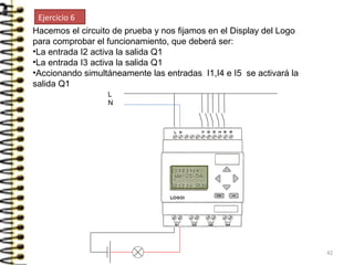 Hacemos el circuito de prueba y nos fijamos en el Display del Logo
para comprobar el funcionamiento, que deberá ser:
•La entrada I2 activa la salida Q1
•La entrada I3 activa la salida Q1
•Accionando simultáneamente las entradas I1,I4 e I5 se activará la
salida Q1
L
N
Ejercicio 6
42
 