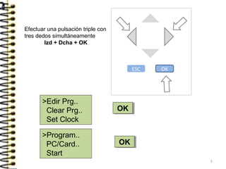 >Program..
PC/Card..
Start
>Edir Prg..
Clear Prg..
Set Clock
OKOK
OKOK
Efectuar una pulsación triple con
tres dedos simultáneamente
Izd + Dcha + OK
ESC OK
5
 