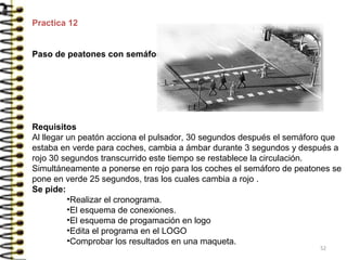 52
Practica 12
Paso de peatones con semáforo
Requisitos
Al llegar un peatón acciona el pulsador, 30 segundos después el semáforo que
estaba en verde para coches, cambia a ámbar durante 3 segundos y después a
rojo 30 segundos transcurrido este tiempo se restablece la circulación.
Simultáneamente a ponerse en rojo para los coches el semáforo de peatones se
pone en verde 25 segundos, tras los cuales cambia a rojo .
Se pide:
•Realizar el cronograma.
•El esquema de conexiones.
•El esquema de progamación en logo
•Edita el programa en el LOGO
•Comprobar los resultados en una maqueta.
 