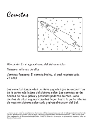 La fuente de este material es de Ventanas al Universo, en http://www.windows.ucar.edu de la Corporación Universitaria de
Estudios Atmosféricos (por sus siglas en Inglés, University Corporation for Atmospheric Research, UCAR) ©1995–1999,
2000 Los Regentes de la Universidad de Michigan; ©2000–01 University Corporation for Atmospheric Research. Todos los
Derechos Reservados.
Ubicación: En el eje externo del sistema solar
Número: millones de ellos
Cometas famosos: El cometa Halley, el cual regresa cada
76 años.
Cometas
Los cometas son pelotas de nieve gigantes que se encuentran
en la parte más lejana del sistema solar. Los cometas están
hechos de hielo, polvo y pequeños pedazos de roca. Cada
cientos de años, algunos cometas llegan hasta la parte interna
de nuestro sistema solar cada y giran alrededor del Sol.
 