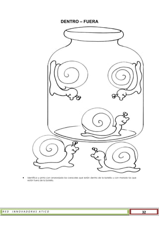 R E D I N N O V A D O R A S A T I C O 32
DENTRO – FUERA
 Identifica y pinta con anaranjado los caracoles que están dentro de la botella y con morado los que
están fuera de la botella.
 