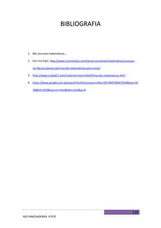 118
RED INNOVADORAS ATICO
BIBLIOGRAFIA
1. Mis recursos matemáticos….
2. Con mis hijos. http://www.conmishijos.com/tareas-escolares/matematicas/conocer-
las-figuras-planas-ejercicio-de-matematicas-para-ninos/
3. http://www.ciudad17.com/material-imprimible/fichas-de-matematicas.html
4. https://www.google.com.pe/search?q=fichas+para+niños+DE+MATEMATICAS&biw=10
34&bih=619&source=lnms&tbm=isch&sa=X
 