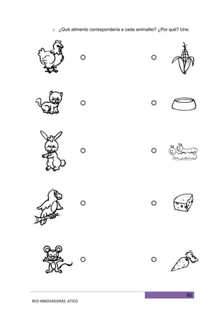 80
RED INNOVADORAS ATICO
o ¿Qué alimento correspondería a cada animalito? ¿Por qué? Une.
 