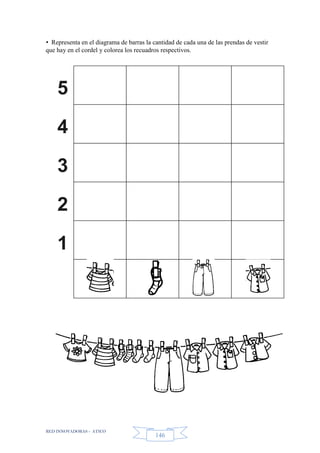 RED INNOVADORAS - ATICO
146
• Representa en el diagrama de barras la cantidad de cada una de las prendas de vestir
que hay en el cordel y colorea los recuadros respectivos.
5
4
3
2
1
 