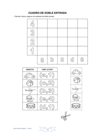 RED INNOVADORAS - ATICO
182
CUADRO DE DOBLE ENTRADA
• Recorta, ubica y pega en el cuadrado de doble entrada.
OBJETO UBICACION
 