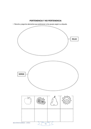 RED INNOVADORAS - ATICO
70
PERTENENCIA Y NO PERTENENCIA
• Recorta y pega los elementos que pertenecen a los grupos según su etiqueta.
ROJO
VERDE
 