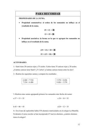 PARA RECORDAR
       PROPIEDADES DE LA SUMA.

       •   Propiedad conmutativa: el orden de los sumandos no influye en el
           resultado de la suma.

                                          15 + 13 = 28

                                           13 + 15 = 28

       •   Propiedad asociativa: la forma en la que se agrupen los sumandos no
           influye en el resultado de la suma.



                                     (15 + 13) + 10 = 38

                                     15 + (13 + 10) = 38



ACTIVIDADES

1.- Santi tiene 20 canicas rojas y 35 azules. Carlos tiene 35 canicas rojas y 20 azules.
¿Cuántas canicas tiene Santi? ¿Y Carlos? ¿Cuántas canicas tienen entre los dos?.

2.- Realiza las siguientes sumas y compara los resultados:


             6 408 + 7 534                                 5 370 + 8 696
             7 534 + 6 408                                 8 696 + 5 370




3.-Realiza estas sumas agrupando primero los sumandos más fáciles de sumar:

a.37 + 13 + 35                                               c.24 + 16 + 32



b.45 + 80 + 45                                               d.28 + 12 + 35

4.- En el mes de septiembre había 538 alumnos matriculados en el colegio La Mantilla.
Si durante el curso escolar se han incorporado 67 nuevos alumnos, ¿cuántos alumnos
tiene el colegio?.


                                                                                           12
 