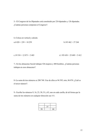 5.- El Congreso de los Diputados está constituido por 224 diputados y 126 diputadas.
¿Cuántas personas componen el Congreso?.




6.-Coloca en vertical y calcula:

a.6 828 + 239 + 10 259                                            b.183 462 + 27 244




c.19 510 + 12 073 + 2 403                                   d. 195 658 + 25 689 + 5 412



7.- En los almacenes Social trabajan 526 mujeres y 488 hombres. ¿Cuántas personas
trabajan en esos almacenes?.




8.-La suma de tres números es 200 748. Uno de ellos es 94 395; otro, 86 074. ¿Cuál es
el tercer número?.



9.- Escribe los números 9, 16, 23, 30, 51 y 65, uno en cada casilla, de tal forma que la
suma de tres números en cualquier dirección sea 111.




                                           37
                                   58              44




                                                                                           13
 